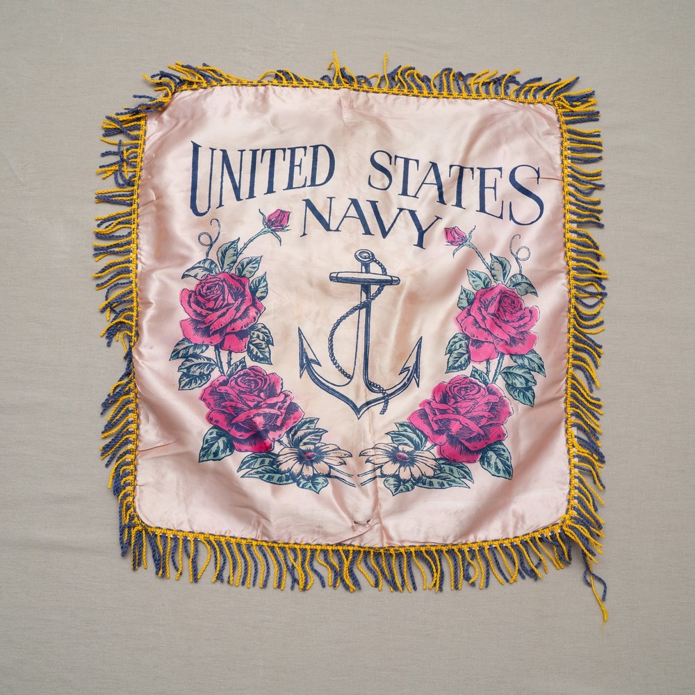 Vintage 1940s Souvenir United States Navy‎ Silk Souvenir Pillow Case Sham